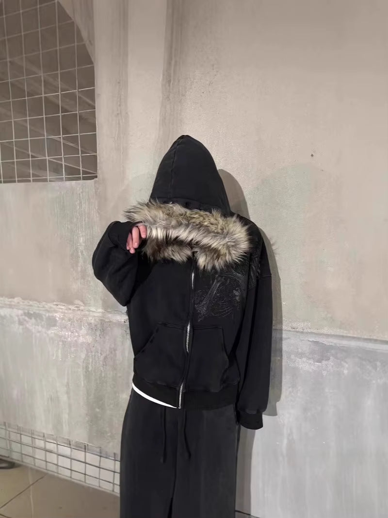 Autumn/Winter Y2K Women Aesthetic Harajuku Faux Fur Collar Hoodies Clothes Graphic Hip Hop Punk Gothic Zip up Hoodies 2025 New