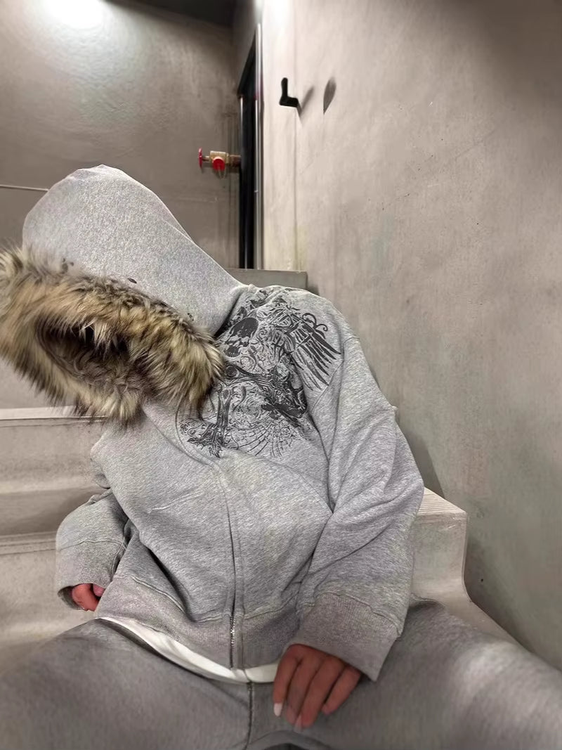 Autumn/Winter Y2K Women Aesthetic Harajuku Faux Fur Collar Hoodies Clothes Graphic Hip Hop Punk Gothic Zip up Hoodies 2025 New